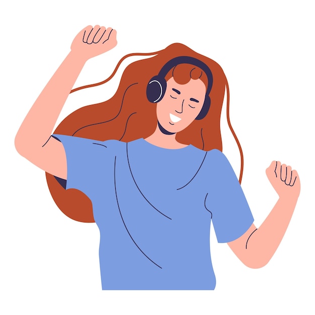 Una chica pelirroja con auriculares está bailando. una mujer feliz ha levantado las manos y está escuchando