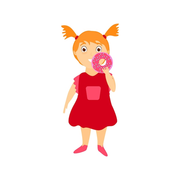 Chica pelirroja comiendo donut Concepto de infancia feliz Ilustración vectorial aislada