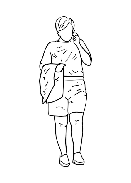 Chica con el pelo corto hablando por teléfono camisetas en pantalones cortos libro de colorear de dibujos animados lineales