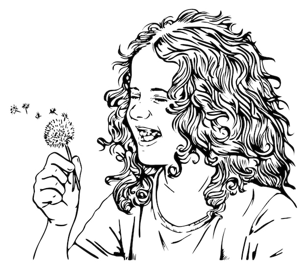Vector una chica con el pelo rizado sosteniendo un diente de león.