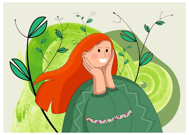 Vector chica con el pelo rojo en un bosque de acuarela verde y con guisantes