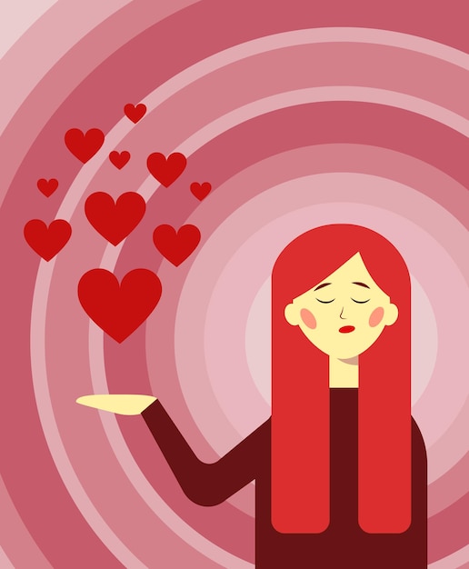 Vector chica de pelo rojo con corazones tarjeta de san valentín