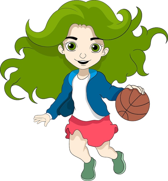 una chica de pelo verde dribbling baloncesto