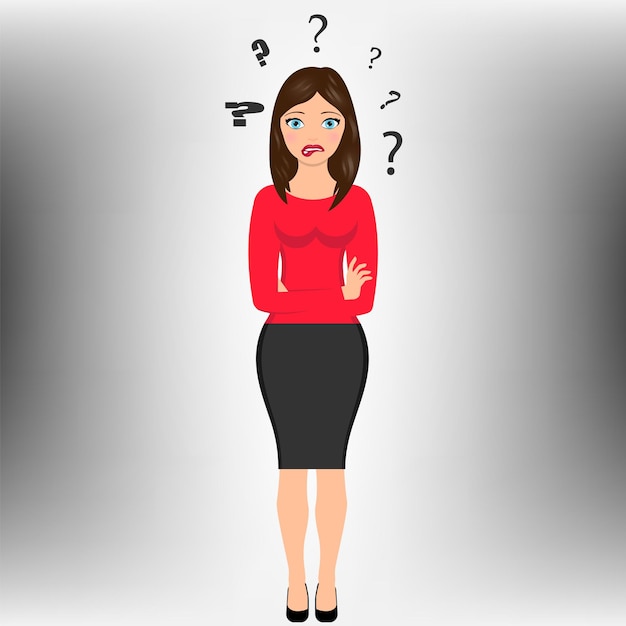 Chica pensante con signo de interrogación aislado sobre fondo blanco Ilustración vectorial Eps 10