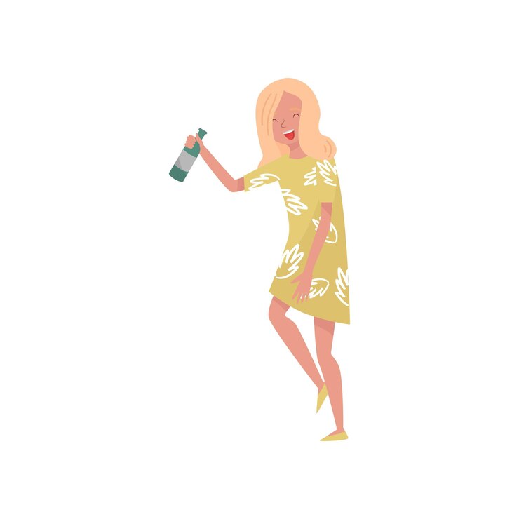 Vector chica de personaje de dibujos animados de mujer joven borracha sonriente con botella de vino vector ilustración sobre un fondo blanco