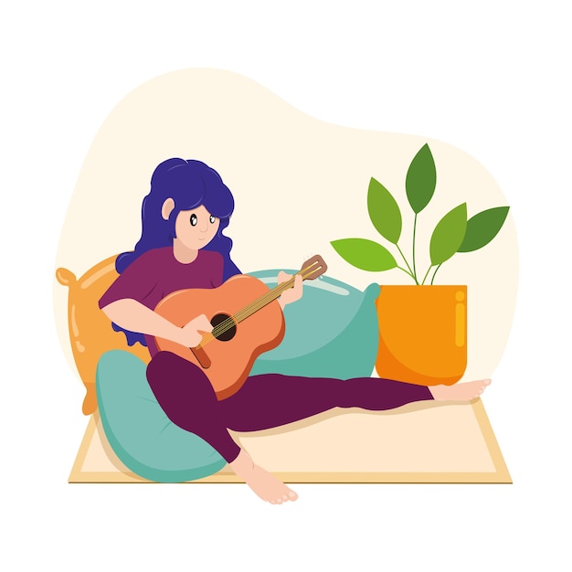 Chica personaje tocando la guitarra en almohadas hygge scenario vector