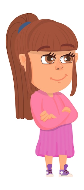 Chica de pie con el brazo cruzado. Niño de dibujos animados lindo aislado sobre fondo blanco