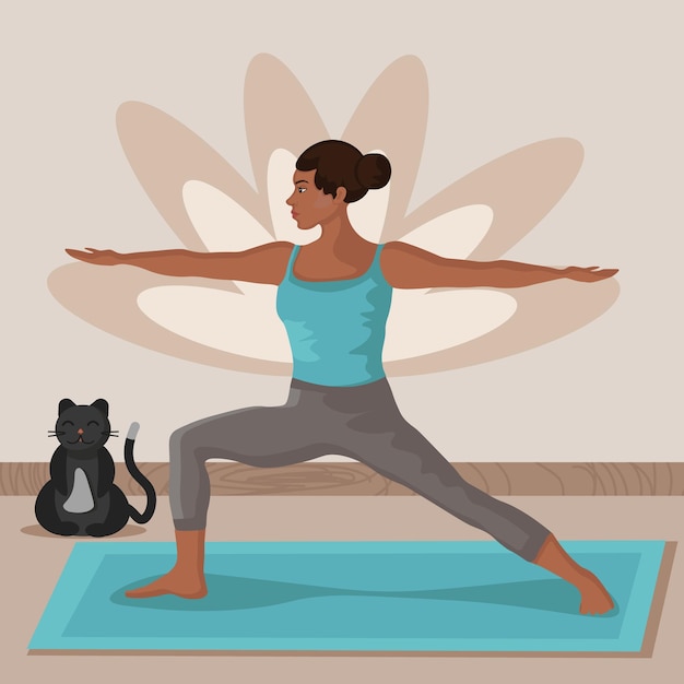 Vector chica de piel oscura en una pose de guerrero de yoga con un gato