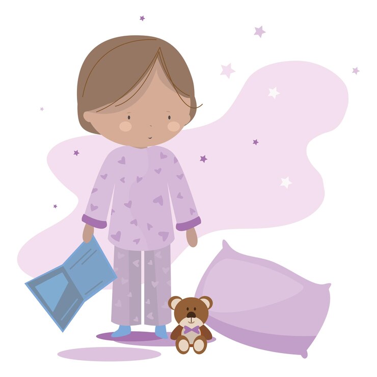 Vector chica en pijama sobre libro y osito de peluche.