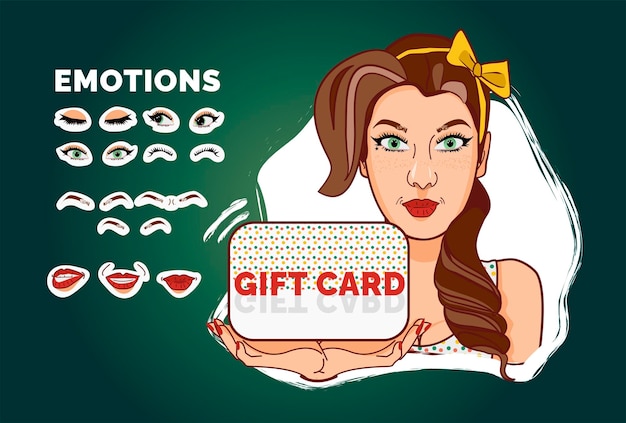 Una chica pin-up tiene una tarjeta de regalo en sus manos. Hay 4 emotes diferentes disponibles.