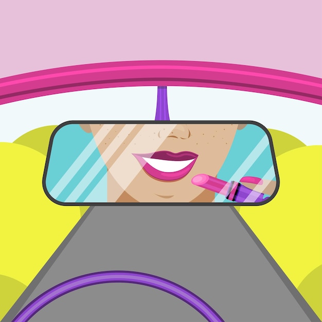 Chica pinta los labios mientras conduce en el espejo retrovisor. ilustración vectorial plana.