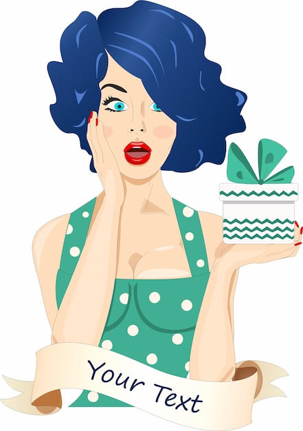 Vector chica pinup sorpresa con cabello azul en vestido verde y caja de regalo