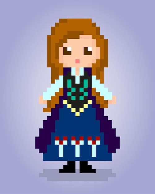 Chica de píxeles de 8 bits con pelo largo princesa píxeles para activos de juego en ilustraciones vectoriales
