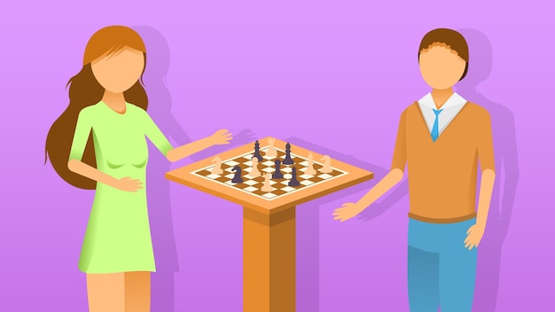 Vector chica plana abstracta y hombre jugando torneo de ajedrez personas de dibujos animados ilustración del concepto de personaje