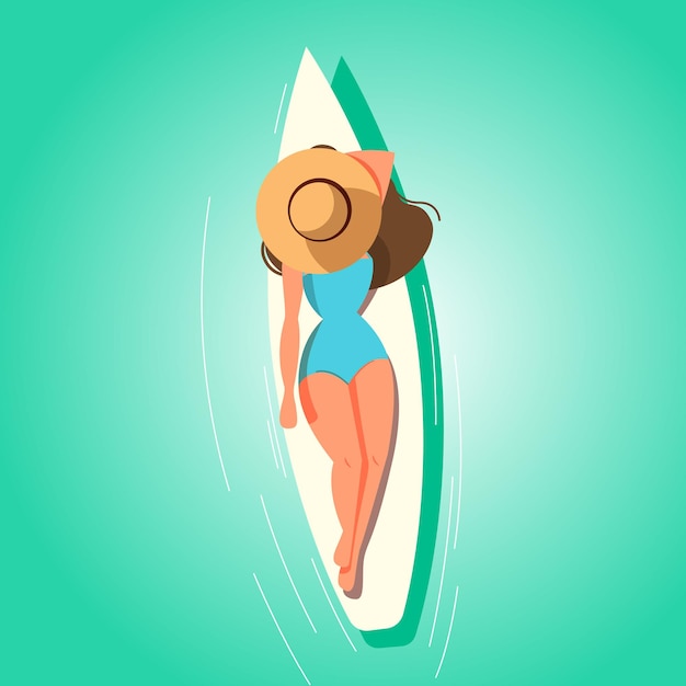 Chica de playa en traje de baño acostada en la tabla de surf mar océano verano mujer descansa en bikini y sombrero