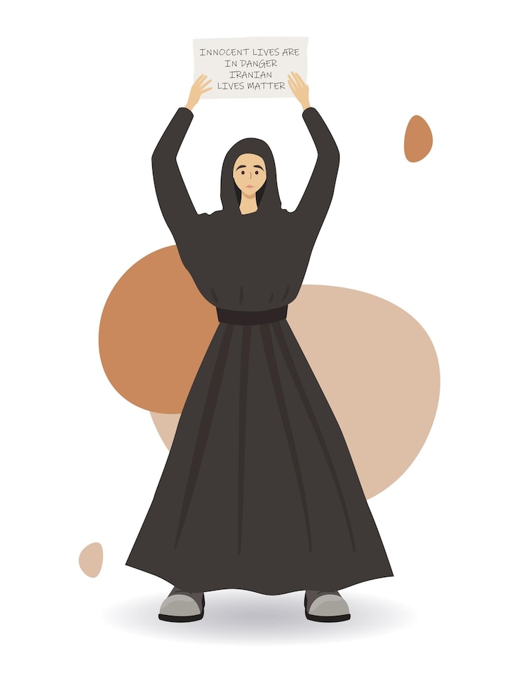 Vector chica en pleno crecimiento en hiyab con afiche. manifestación y protesta en irán, libertad de las mujeres