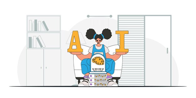 Chica posando con una elegante ilustración del cerebro AI, arte vectorial.