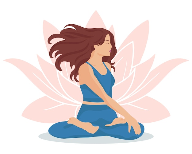 Chica en una pose de yoga en el fondo de un loto, meditación. Concepto de estilo de vida. Ilustración