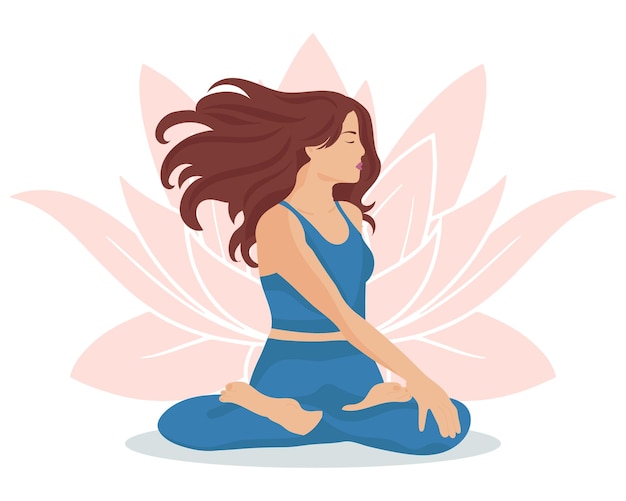 Chica en una pose de yoga en el fondo de un loto, meditación. concepto de estilo de vida. ilustración