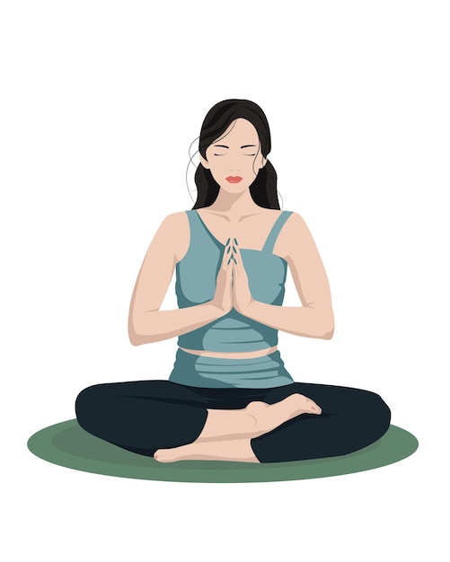 Chica en una pose de yoga de loto. Mujer joven meditando. Ilustración de vector de estilo plano.