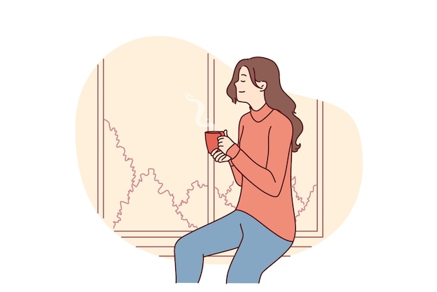 Chica positiva soñando y viendo el paisaje a través de la ventana con una taza de café en las manos Imagen vectorial