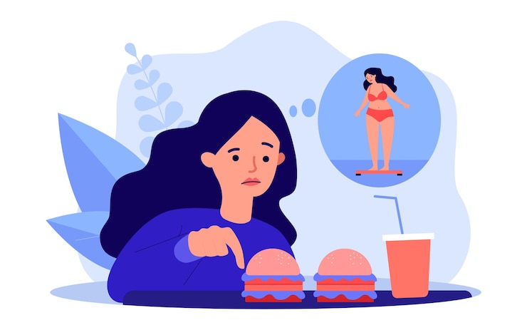 Vector chica preocupándose por su apariencia, comiendo comida rápida. ilustración de vector plano. mujer de dibujos animados mirando hamburguesas y refrescos, pensando en sobrepeso. dieta, salud, concepto de comida chatarra
