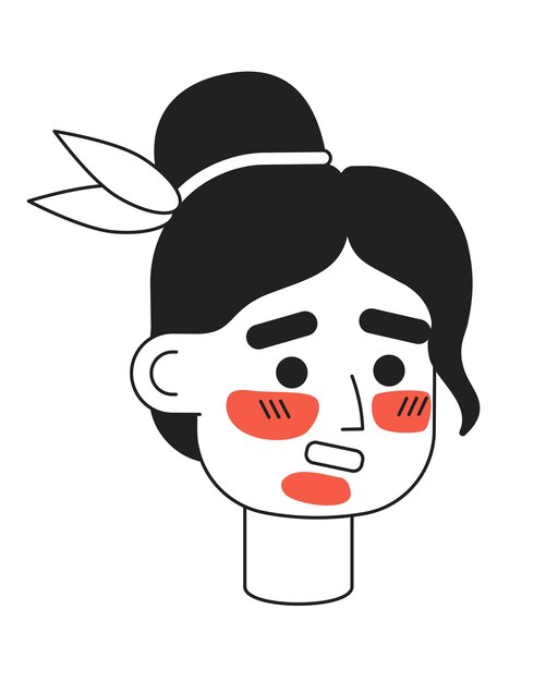 Chica con problemas con quemaduras solares faciales cabeza de personaje de vector plano monocromático