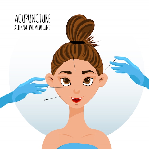 Chica en el procedimiento de acupuntura facial. Estilo de dibujos animados