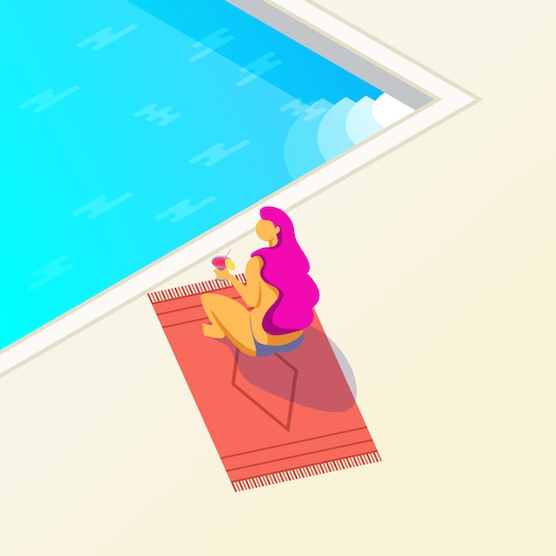 Vector chica que bebe un cóctel junto a la piscina