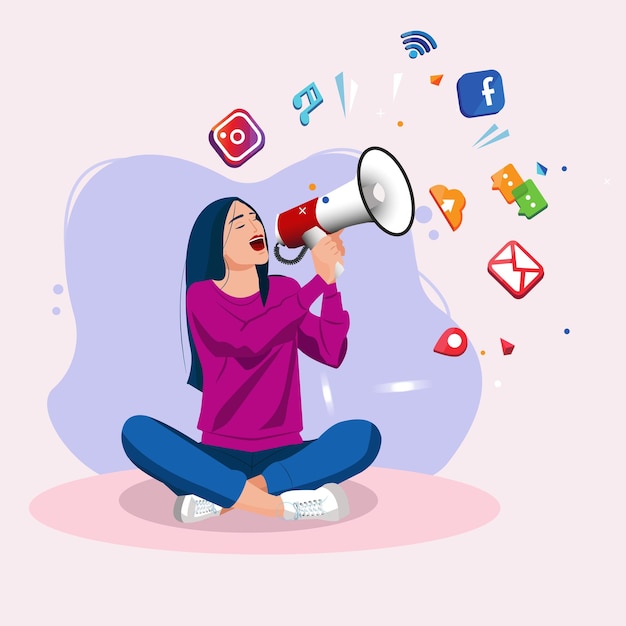 Una chica que hace publicidad en las redes sociales vector ilustración