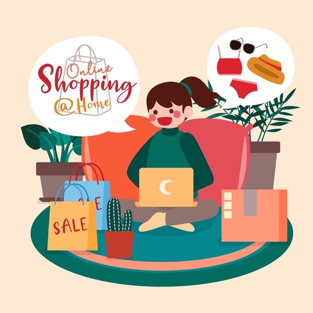 Chica quedarse en casa y comprar en línea desde la ilustración del vector de la computadora portátil