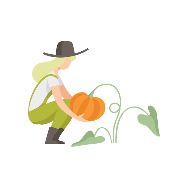 Vector chica recogiendo calabaza granjero cosechando mujer trabajando en el vector del jardín ilustración aislada sobre fondo blanco