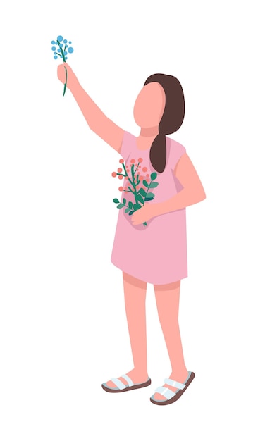 Chica recogiendo flores para presionar el carácter de vector de color semiplano figura de pie persona de cuerpo completo en blanco ilustración de estilo de dibujos animados simple para diseño gráfico web y animación