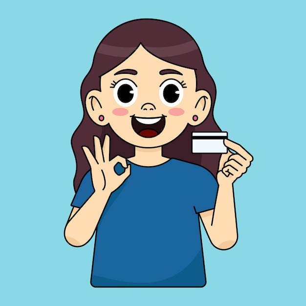 La chica recomienda y sostiene una tarjeta de crédito de plástico la otra mano muestra el signo OK