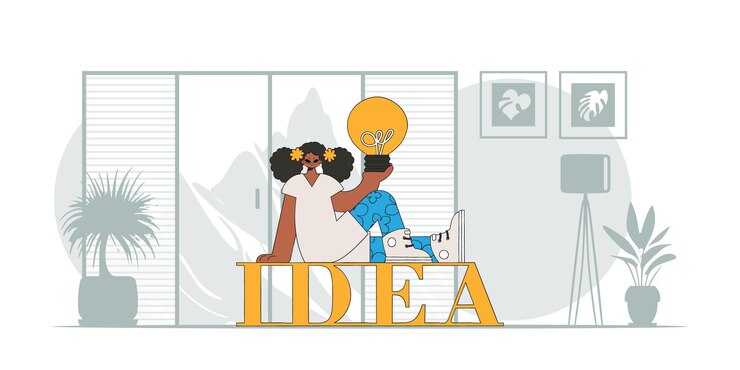 Vector chica refinada sostiene una bombilla ilustración sobre el tema de la aparición de una idea