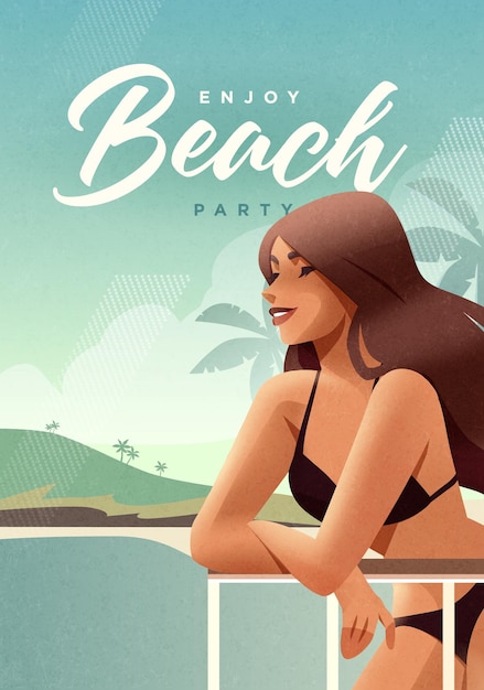 Vector chica relajándose en la playa cartel de vacaciones de verano con mujer sexy en la playa
