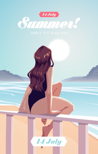 Vector chica relajándose en la playa. folleto o cartel de vacaciones de verano. ilustración vectorial