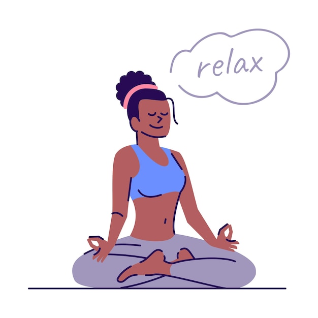 Chica relajante en posición de loto ilustración vectorial plana. postura de yoga padmasana. armonía de la mente. mujer joven meditando personaje de dibujos animados aislado con elementos de contorno sobre fondo blanco