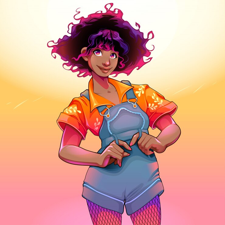 Vector chica rizada de moda posando y sonriendo. ilustración vectorial