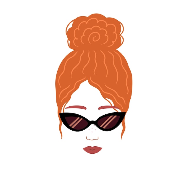 Chica rizada roja con gafas de sol retro Ilustración dibujada a mano