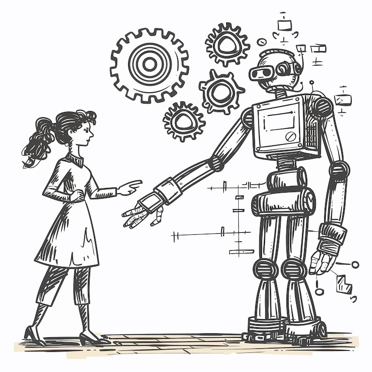 Vector una chica y un robot están mirando los engranajes