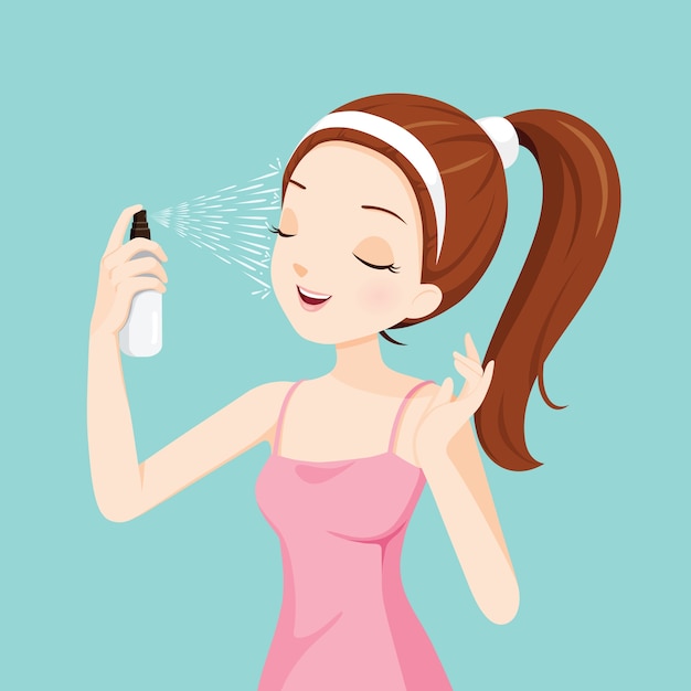 Chica rociando agua mineral en su rostro