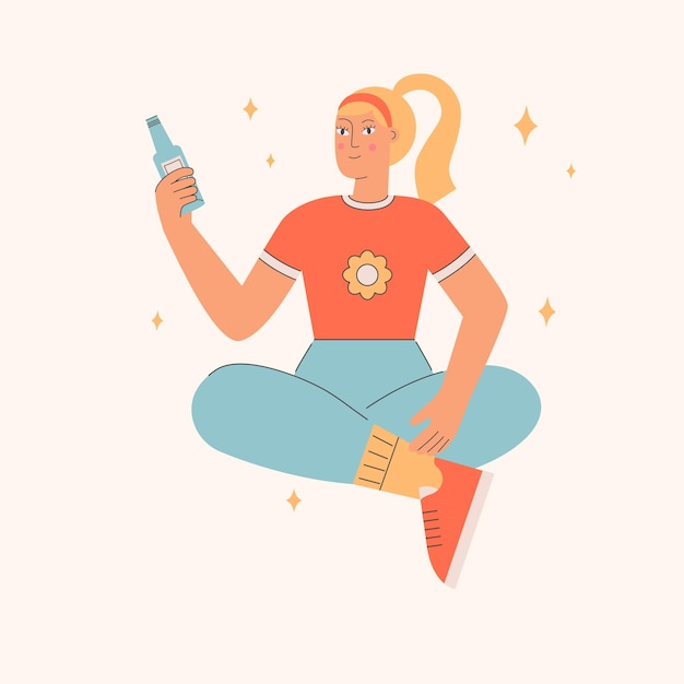 Chica con ropa anticuada sosteniendo una botella con refresco Traje de estilo retro Concepto de moda de los años 70 y 80 Ilustración vectorial en estilo plano