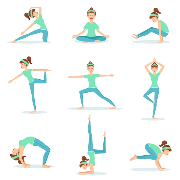 Chica en ropa de entrenamiento azul que demuestra posturas de yoga