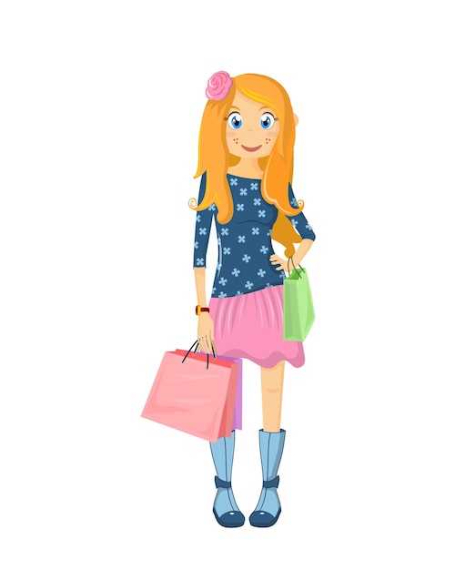 Chica en ropa hermosa con bolsa en el hombro en las manos