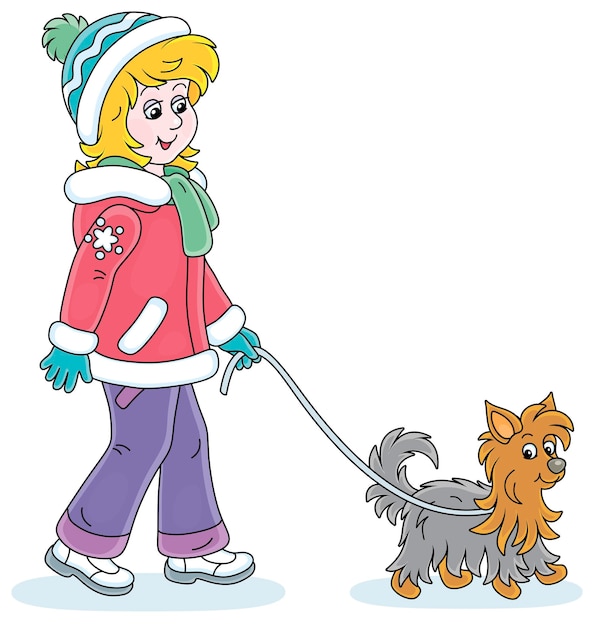 Chica con ropa de invierno colorida paseando a su pequeño perro peludo