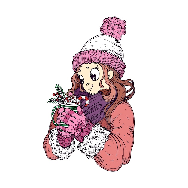 Chica en ropa de invierno, con dulces.