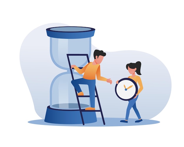 Chica sin rostro lleva reloj a chico en escalera cerca de reloj de arena Gestión del tiempo y concepto de fecha límite con personaje de dibujos animados Vector ilustración de estilo plano
