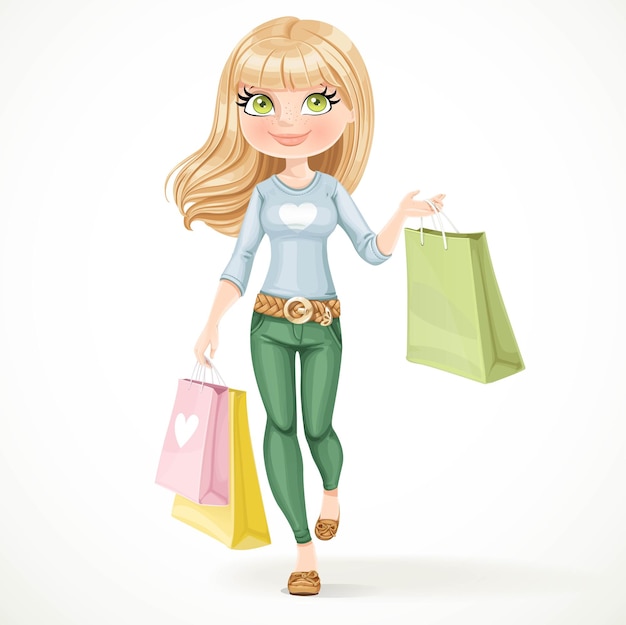 La chica rubia adicta a las compras va con bolsas de papel aisladas en un b blanco