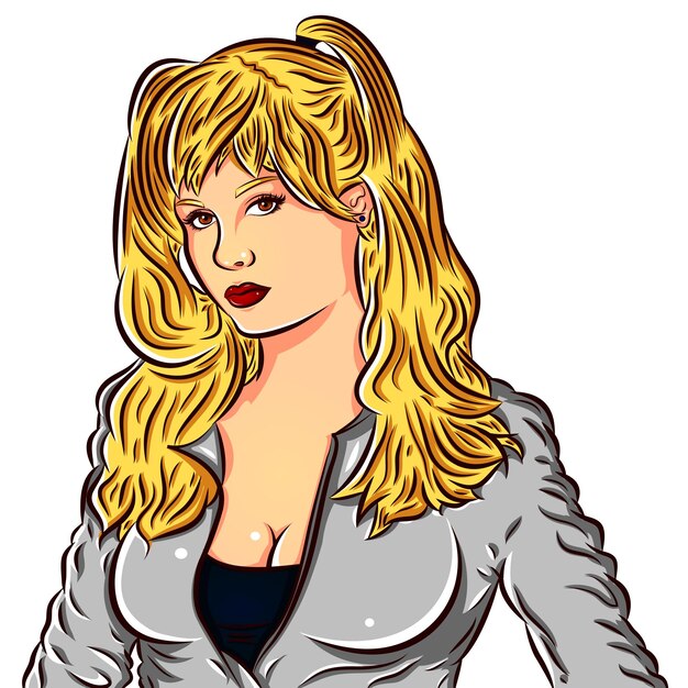 chica rubia con coletas, con chaqueta gris y blusa negra con escote, ilustración vectorial